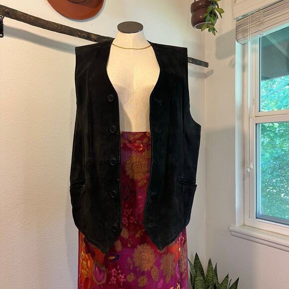90s Joshua Ross Black Genuine Suede Leather Button Front Vest Size 3XLT Unisex - Picture 1 of 13